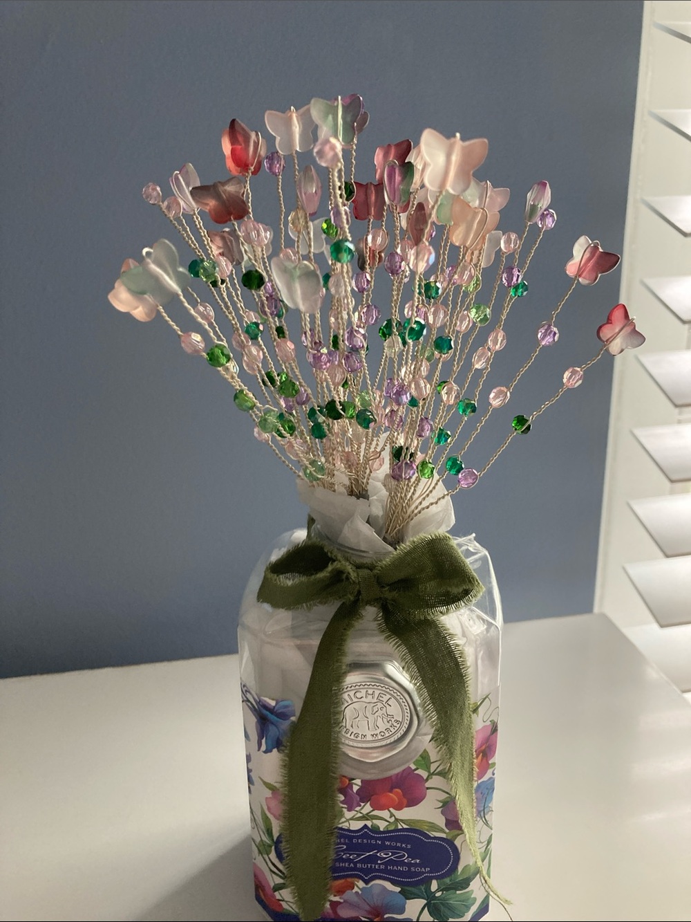 HANDMADE BUTTERFLY BOUQUET W VASE PURPLE PINK GREEN SILVER WIRE WRAPPED FLORAL